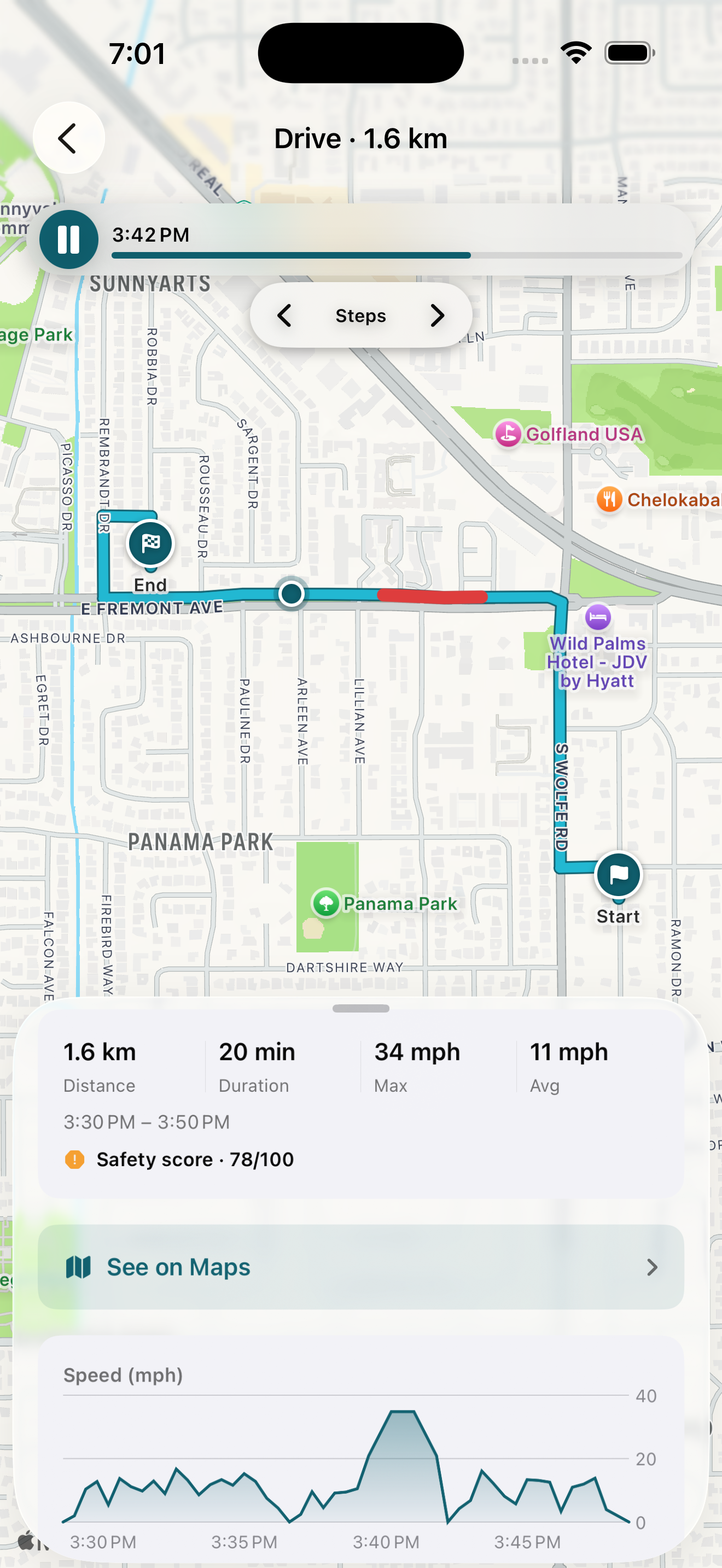 Trip detail showing a 1.6 km drive with a 34 mph max speed, 78/100 safety score, and a speed graph with a visible red spike at the moment the kid sustained over 30 mph.